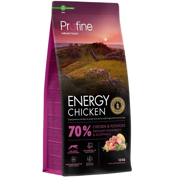 Profine Energy Chicken & Potatoes cães com alta atividade física. Ingredientes naturais promovem digestão saudável, muita energia, excelente condição física