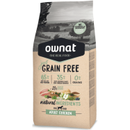 Ownat Just Grain Free Adult Chicken recolhe a essência da dieta isenta de grão (sem cereais, rico em proteínas e pobre em carboidratos).