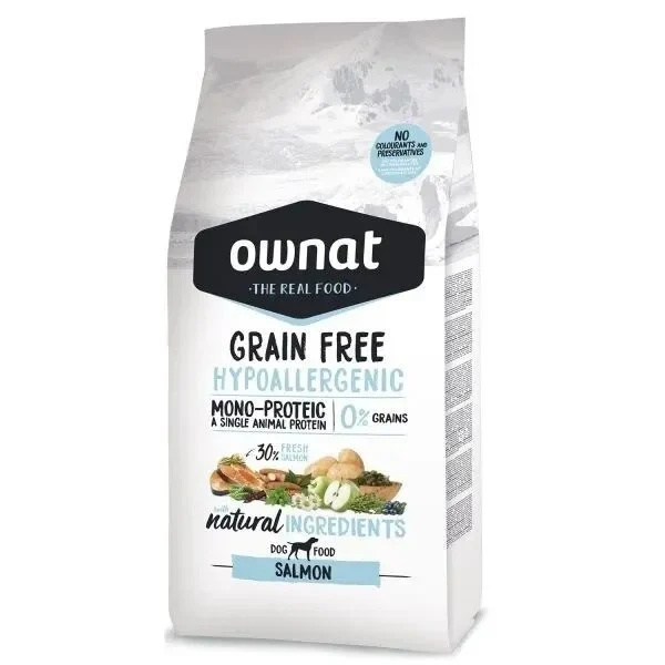 A ração OWNAT GF HYPOALLERGENIC SALMON com uma única fonte de proteína animal e sem cereais, um alimento ideal para prevenir alergias e intolerâncias.