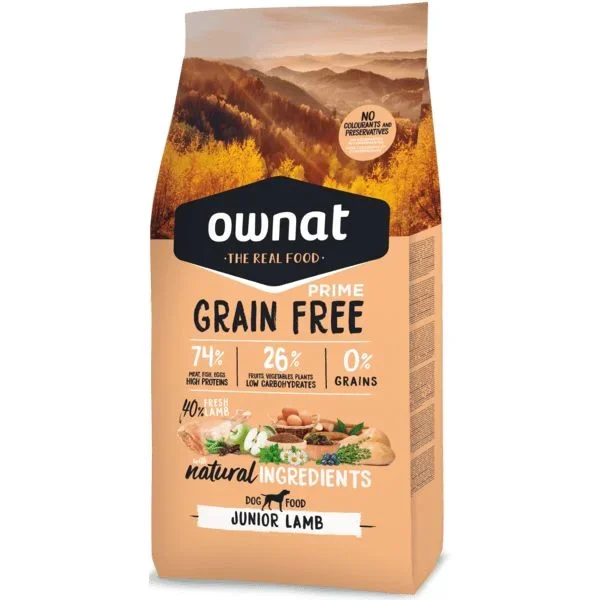 Ownat GF Prime Junior Lamb é uma ração sem cereais para cachorros com sensibilidade ou intolerâncias digestivas ou cutâneas. Com 40% de cordeiro fresco.