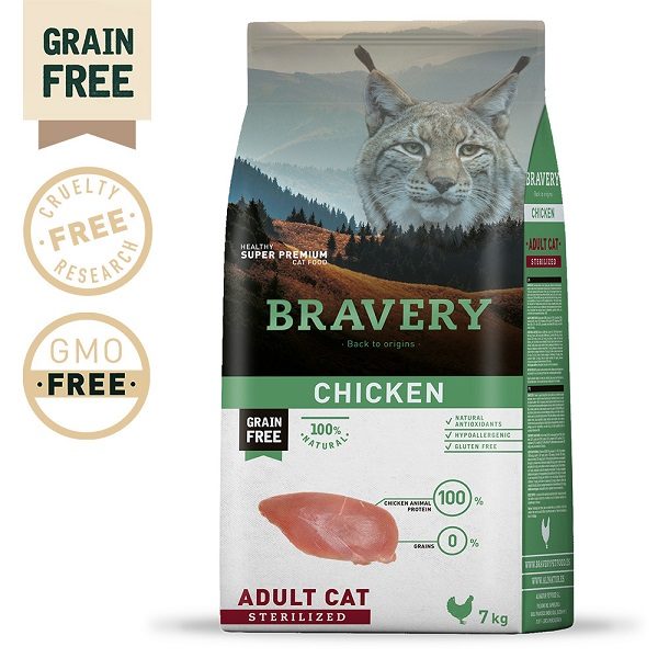 Bravery chicken Adult Cat Sterilized é uma ração para todos os gatos adultos esterilizados. É isenta de cereais (sem glúten), 100% natural.
