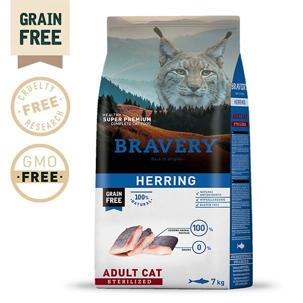 A ração Bravery Herring gato esterilizado é um alimento 100% natural, isento de cereais (sem glúten), hipoalergénico e rica em antioxidantes.