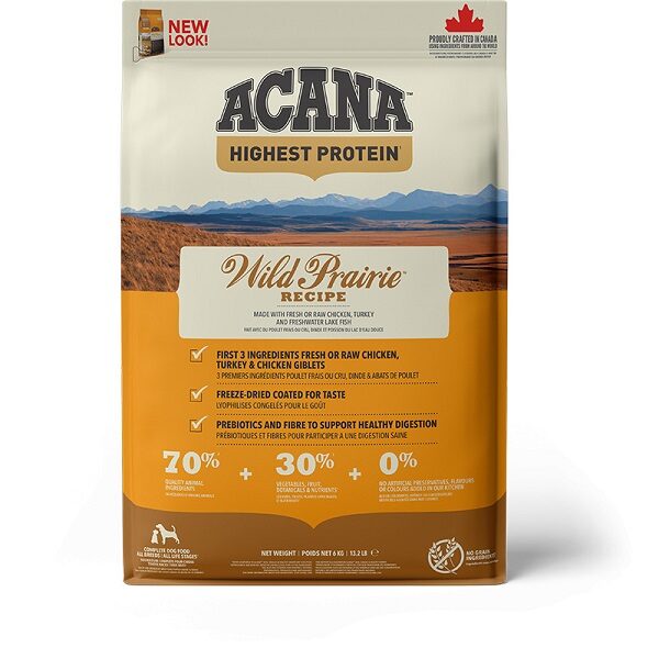 Acana Wild Prairie Recipe está repleta com frango criado ao ar livre, peru, ovos inteiros e peixe de captura selvagem, entregues frescos. Para cães adultos.