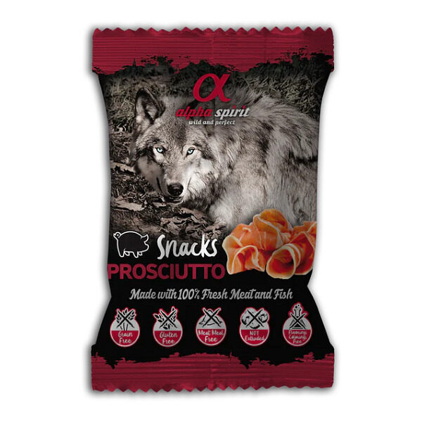 Alpha Spirit Snacks Presunto para cães são elaborados com ingredientes naturais e de empresas locais. Sem grãos e sem glúten. Livre de farinha de carne.