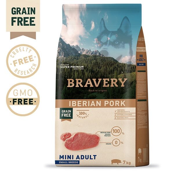 Ração Bravery Iberian Pork Adult Mini-Small Breeds é uma ração de prestígio do segmento Super Premium para cães adultos de pequeno porte, com Porco Ibérico.