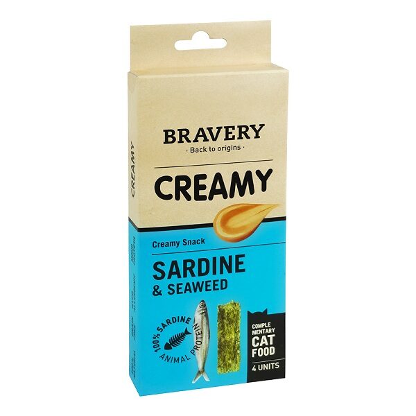 Bravery Creamy Sardinha & Algas um creme para gatos elaborado com sardinha como única fonte de proteína. Rico ácidos gordos ómega 3, benéficos para a saúde.