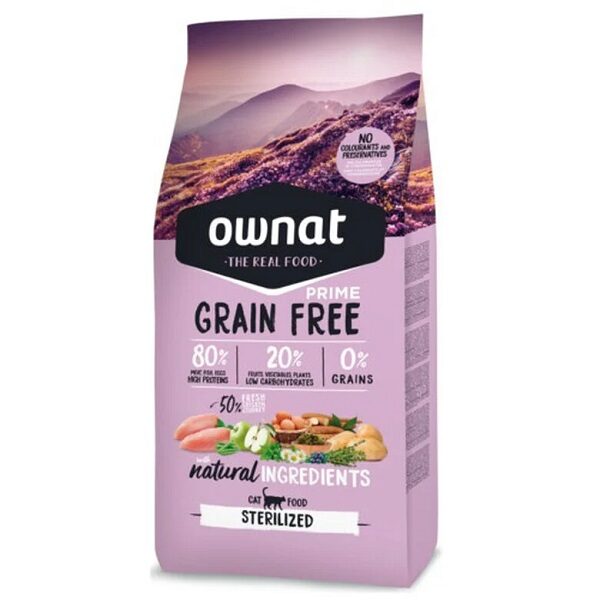 Ownat Prime Sterilized Chicken & Turkey com 50% carne fresca de frango e peru sem grão, oferece proteínas de alto valor biológico permite uma fácil digestão