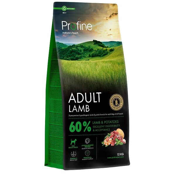 A ração Profine Adult Lamb & Potatoes 12 kg é um alimento superpremium hipoalergénico de cordeiro (60%) e batata para cães adultos de todas as raças.