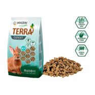 Alimento extrusionado para coelhos com grande variedade de ervas aromáticas, arando para efeitos antioxidantes e funcionamento do sistema urinário e cenoura