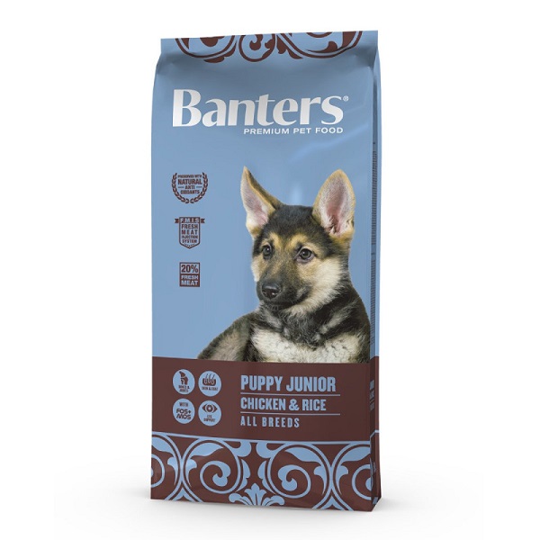 banters-puppy-junior-chicken-rice-maiapet Banters Puppy Frango & Arroz é um alimento para cachorros e mães gestantes ou no período de amamentação. Proteínas frescas. Músculos e ossos fortes.