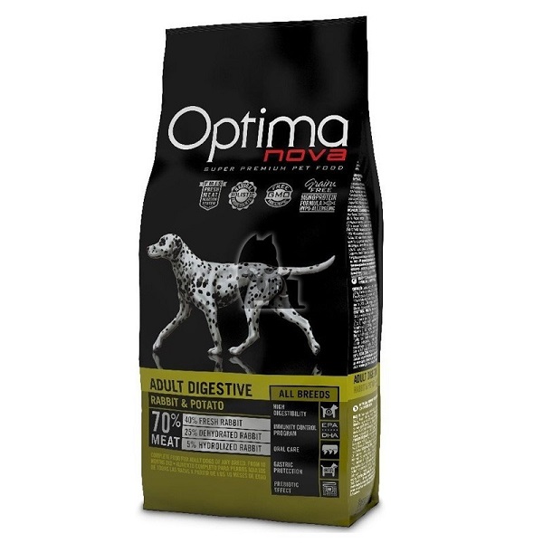 optima-nova-dog-adult-digestive-coelho-batata-maiapet O alimento Optima Nova Adult Digestive Coelho & Batata é um produto único feito com carne fresca de coelho para cães adultos com problemas digestivos.