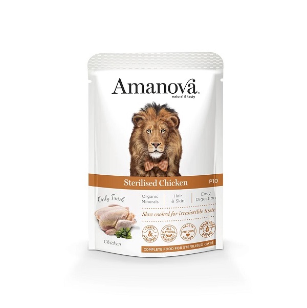 Amanova_SterilisedChicken_maiapet Amanova Sterilised Chicken Cat alimento húmido sem cereais e hipoalergénico para gatos esterilizados. Elaborado com frango fresco da mais alta qualidade.