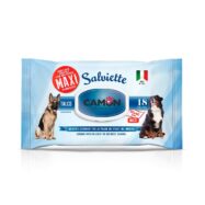 Camon Toalhitas Maxi Talco para limpar o pêlo, as patas, o focinho e as orelhas de cães de raça grande. Cada toalhete mede 30x40 cm.