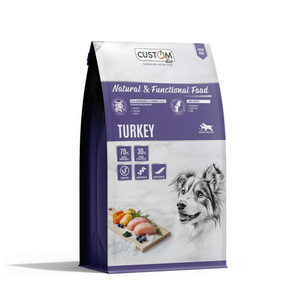 custom-turkey-10kg-maiapet A ração Custom Diet Turkey é indicada para cães adultos com intolerâncias alimentares ou estômagos sensíveis. Receita natural e hipoalergénica de peru.