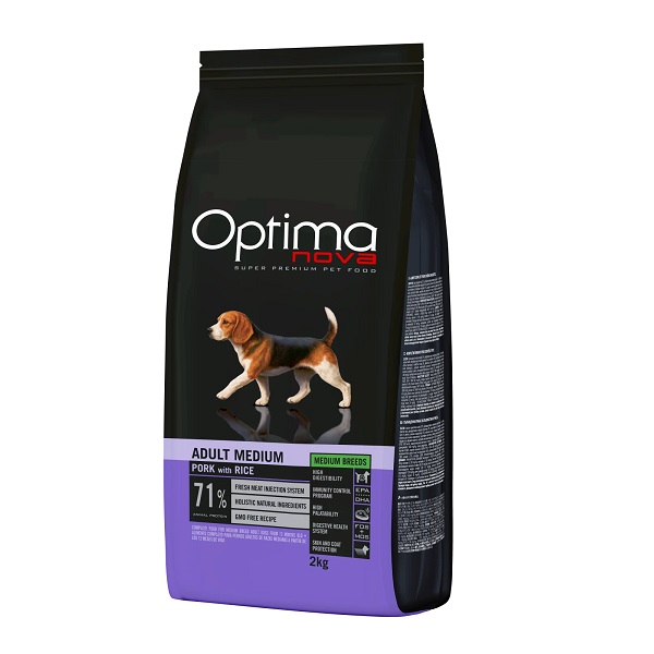 optima-nova-adult-medium-pork~-maiapet O alimento Optima Nova Porco e Arroz para cão ajuda-o a manter um peso ideal, fortalece as defesas, protege a pele e o pêlo. Inclui antioxidantes naturais.