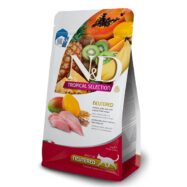 Farmina N&D Tropical Selection é um alimento completo para gatos adultos esterilizados, elaborado com cereais ancestrais e uma variedade de frutas tropicais