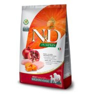 Farmina N&D Pumpkin Chicken & Pomegranate é um alimento completo para cães adultos de raça média, grande e gigante, formulado com frango, abóbora e romã.