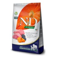 Farmina N&D Pumpkin Lamb & Bluberry é um alimento completo para cães adultos de raça média, grande e gigante, formulado com borrego, abóbora e mirtilo.