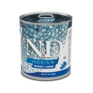 Farmina Ocean Arenque e Camarão é um alimento húmido completo para cães adultos. Arenque (50%), lombo de bacalhau, atum, camarão (5%), batata doce,