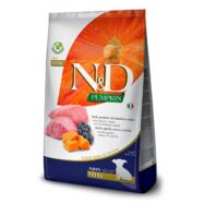 Farmina N&D Pumpkin Mini Puppy Lamb & Bluberry é um alimento para cachorros e fêmeas gestantes ou lactantes de raça pequena. Com borrego, abóbora e mirtilo.