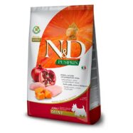 Farmina N&D Pumpkin Lamb & Bluberry é um alimento completo para cães adultos de raça pequena e min, formulado com frango, abóbora e romã.