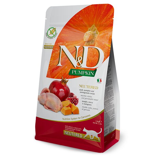 farmina_nd-pumpkin-neutered-cordeniz-pumpkin-pomegranate-maiapet Farmina N&D Pumpkin Neutered Codorniz é um alimento completo para gatos adultos esterilizados. Receita de codorniz, abóbora e romã.
