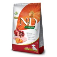 Farmina N&D Pumpkin Mini Puppy Chicken é um alimento para cachorros e fêmeas gestantes ou lactantes de raça pequena. Com frango, abóbora, romã e mirtilo.