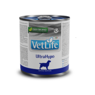 Farmina VetLife Dog UltraHypo um alimento húmido dietético para a redução de intolerâncias a ingredientes e nutrientes, dermatoses e queda excessiva de pêlo