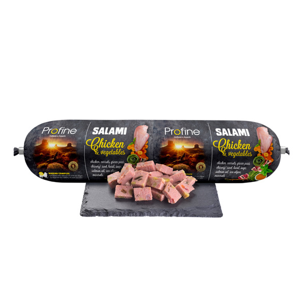 profine-salami-frango-cao-maiapet Profine salame de frango e vegetais - Alimento complementar para cães com 90% de frango, vegetais e complexos marinhos, como o óleo de salmão e algas.