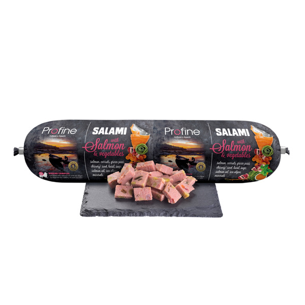 profine-salami-salmao-cao-maiapet Profine salame de salmão - Alimento complementar para cães com 86% de frango e orgãos, salmão, vegetais, complexos marinhos, como o óleo de salmão e algas.
